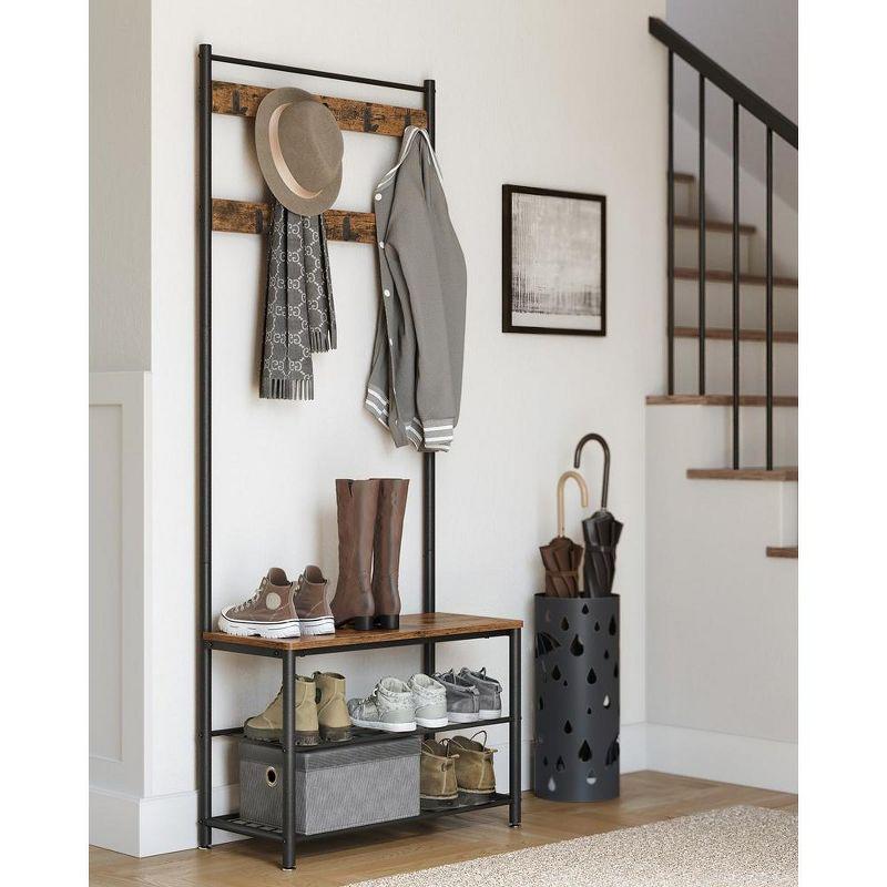 VASAGLE Hall Tree Entryway Coat Rack with Shoe Bench Rustic Walnut and Black