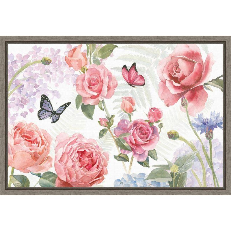 Floral Butterfly Garden Canvas Print in Wooden Frame