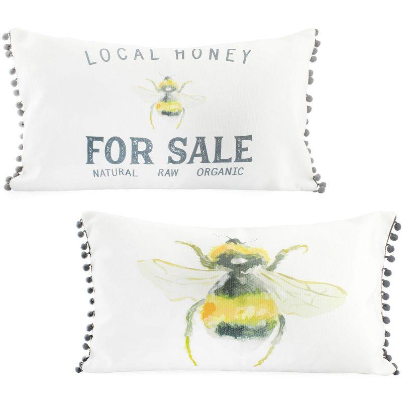 Bee Themed Off-White Polyester Lumbar Pillow Covers, Set of 2