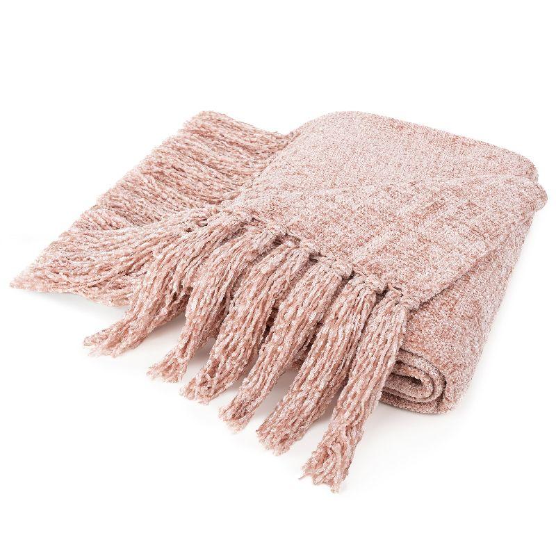 Blush Pink Chenille Knitted Reversible Throw Blanket with Tassel Fringe