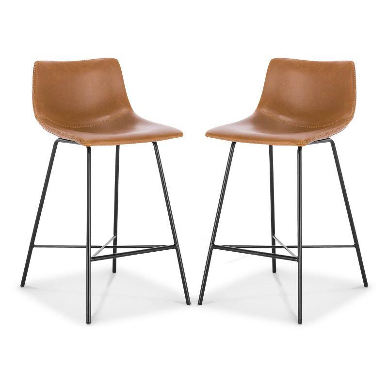 Set of 2 Tan Leather Saddle Counter Stools with Metal Legs