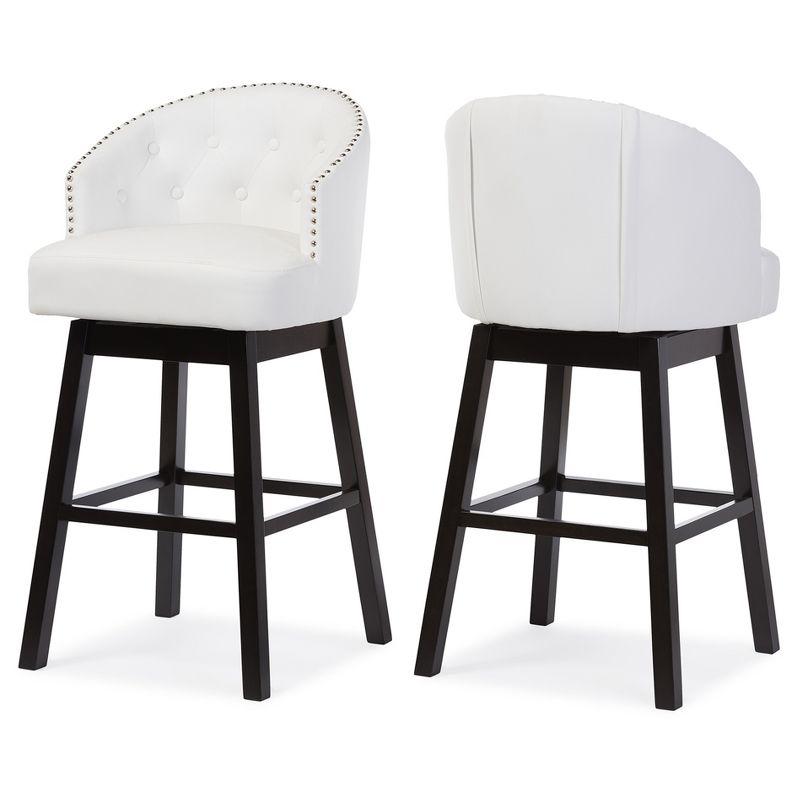 Set of 2 Avril Faux Leather Tufted Swivel Barstool with Nailhead Trim - White - Baxton Studio: Espresso Brown Legs, Rubberwood Frame