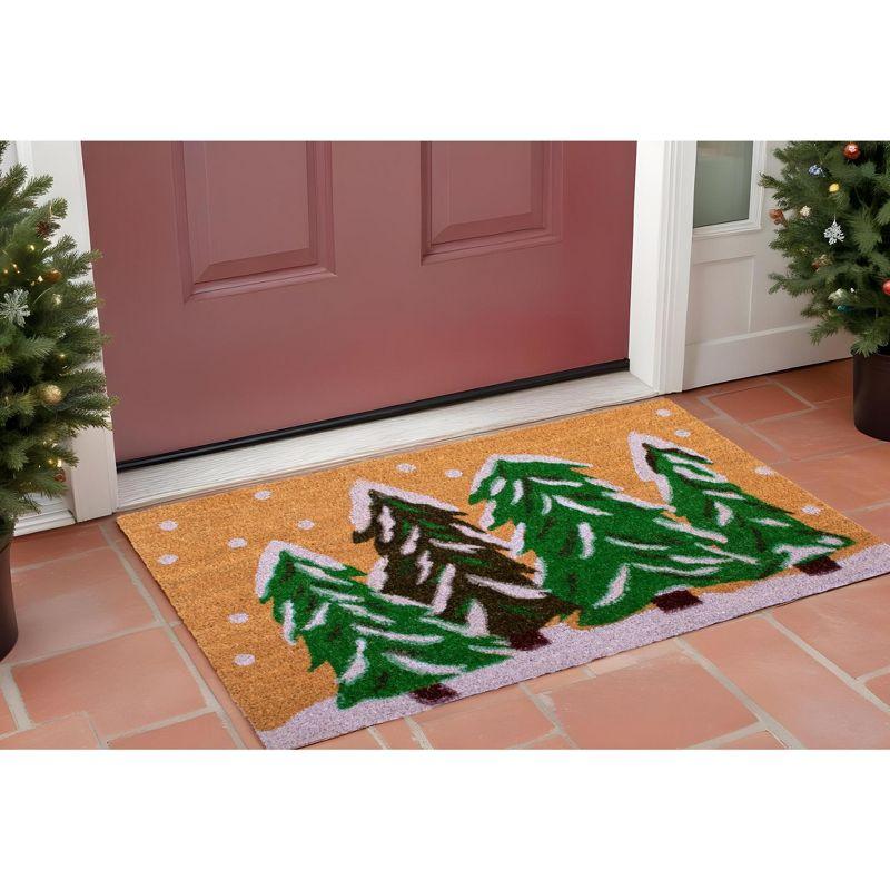 HomeRoots 17" X 29" Natural and Green Coir Christmas Trees Outdoor Christmas Door Mat
