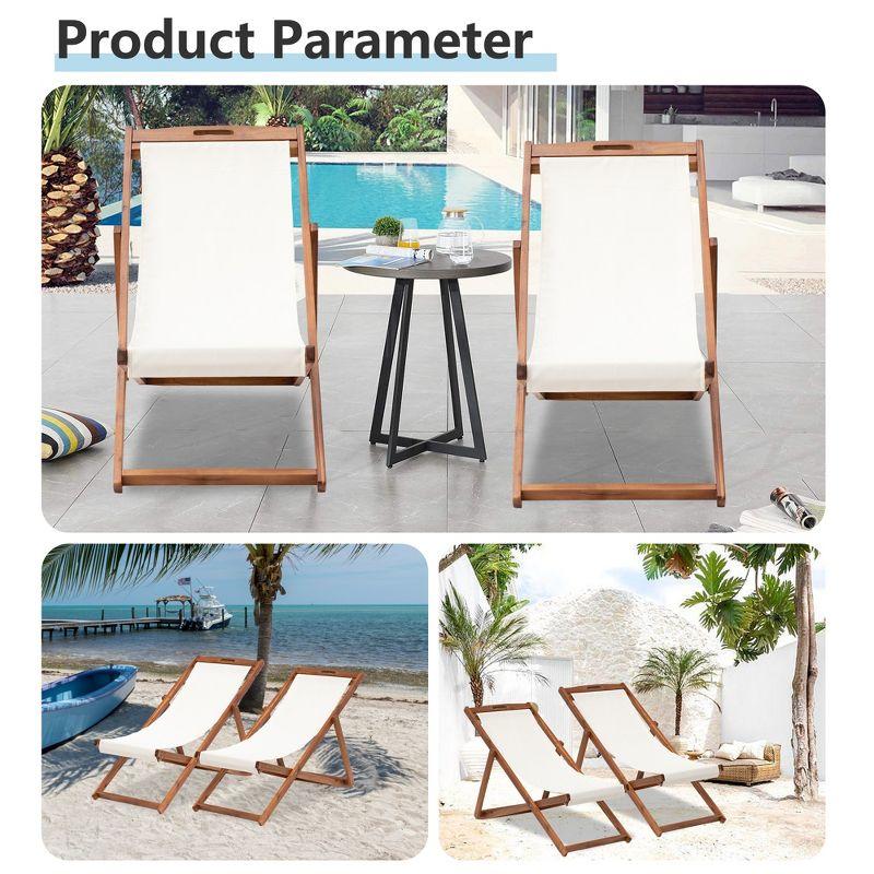 FDW Beach Sling Patio Chair for Relaxing, Foldable with Adjustable Height Made from Eucalyptus Wood with White Polyester