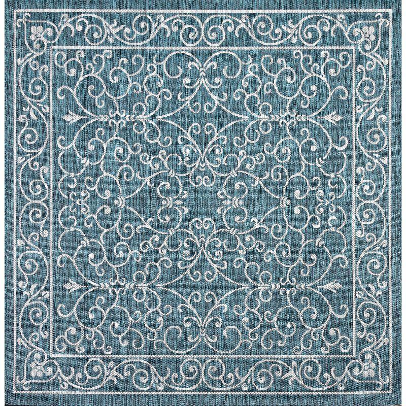 5' Square Charleston Vintage Filigree Textured Weave Indoor/Outdoor Area Rug, Teal/Gray - JONATHAN Y