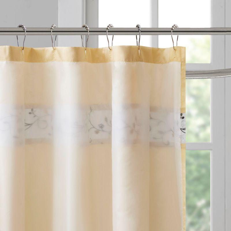 Embroidered Floral Faux Silk Shower Curtain in Yellow and Gray