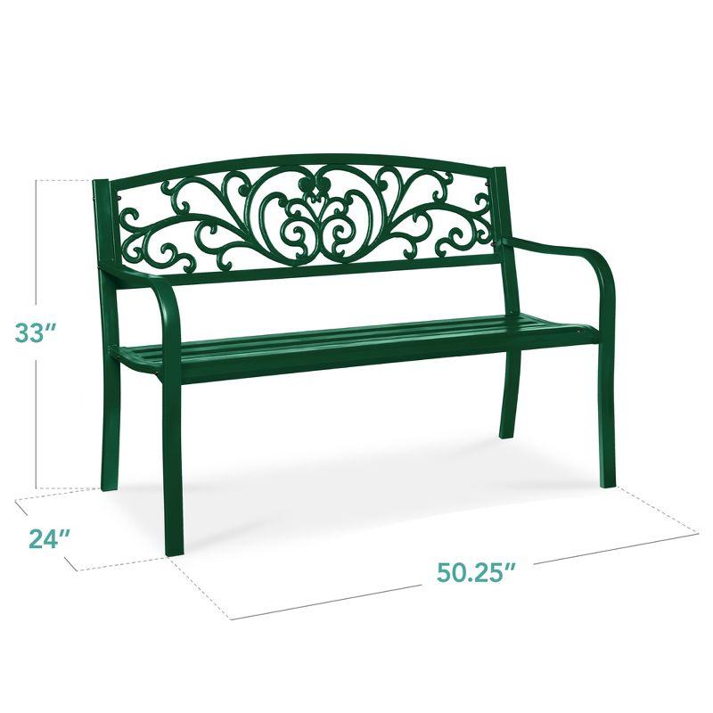 World Menagerie Outdoor Steel Bench with Floral Backrest & Slatted Seat, Marigold for Garden, Patio, Porch, Lawn, and Deck