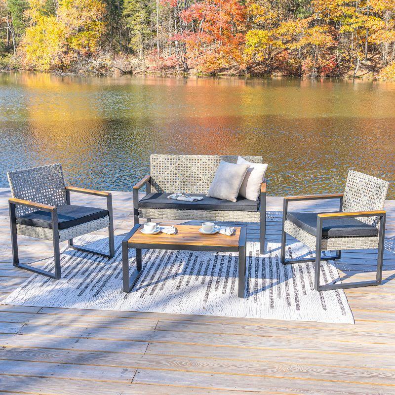 Wilder 4-Piece Modern Coastal Faux Wicker Conversation Outdoor Patio Set - JONATHAN Y