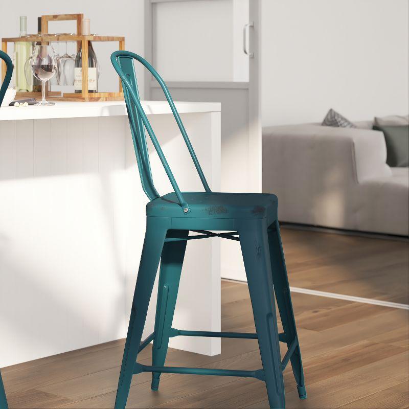 Merrick Lane 24" Metal Indoor-Outdoor Counter Stool with Vertical Slat Back and Integrated Footrest in Distressed Kelly Blue-Teal