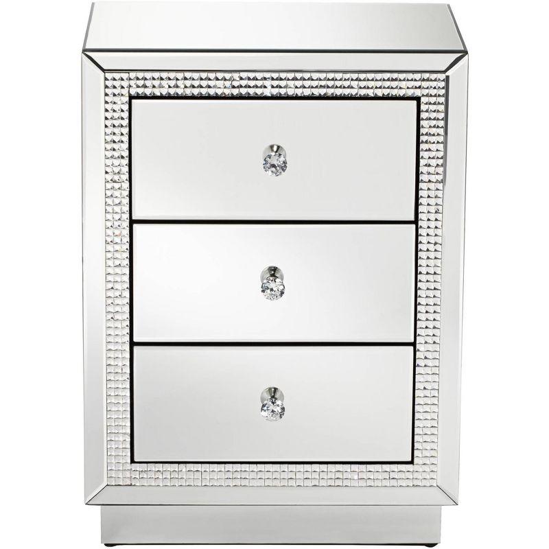 Studio 55D Biscaya Modern Mirrored Rectangular Accent Side End Table 19" x 13 3/4" with 3-Drawer Silver Crystal for Living Room Bedroom Bedside House