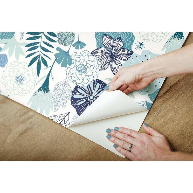 RoomMates Blooms Peel and Stick Wallpaper: Self-Adhesive Vinyl, Modern Floral, Repositionable, 28 Sq Ft Coverage, Blue