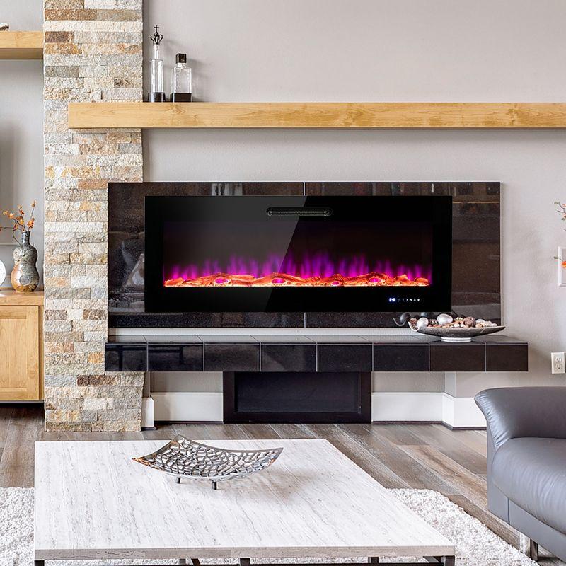 Costway 50'' Electric Fireplace Recessed Wall Mounted Heater W/ Decorative Crystal & Log
