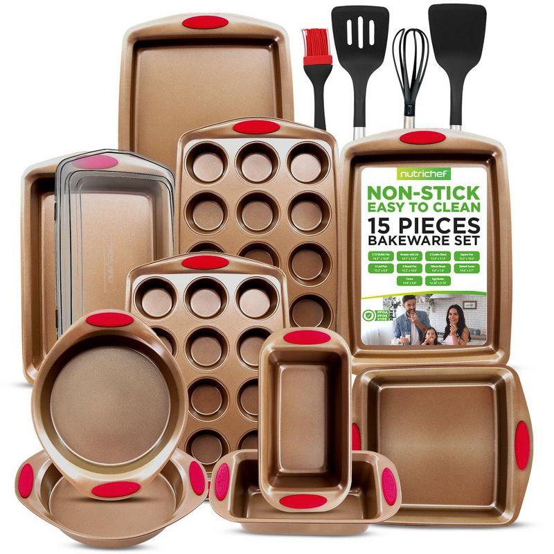 NutriChef 15-Piece Nonstick Bakeware Set with Red Silicone Handles - Golden Coating