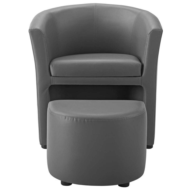 Streamlined Gray Faux Leather Barrel Armchair with Ottoman