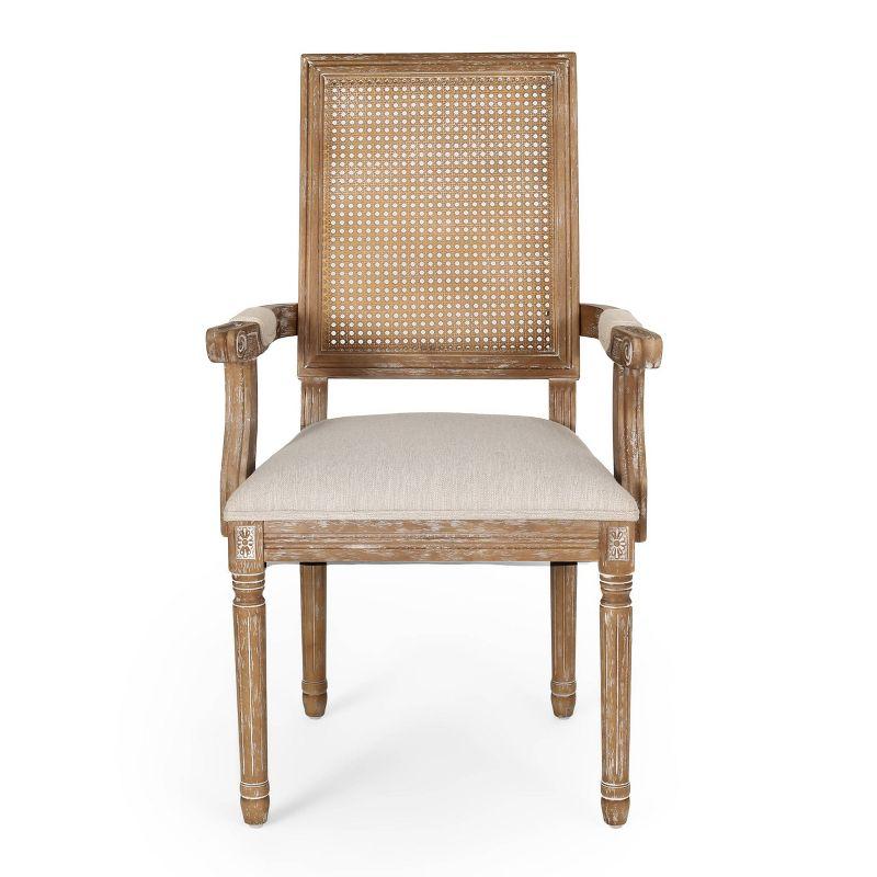 French Country Elegance Beige & Natural Wood Cane Upholstered Arm Chair