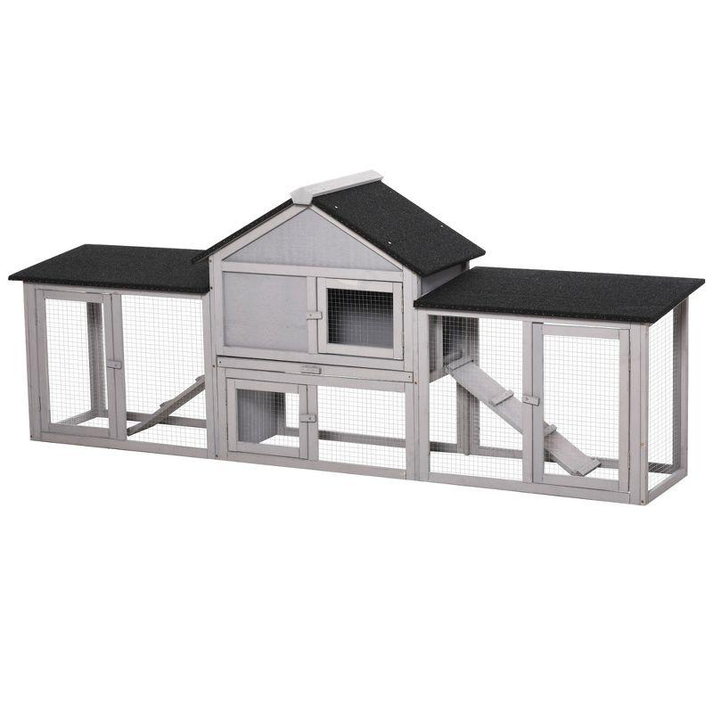 PawHut 83" Wooden Rabbit Hutch Large Bunny Hutch House with Double Run, Removable Tray and Waterproof Roof for Outdoor, Gray