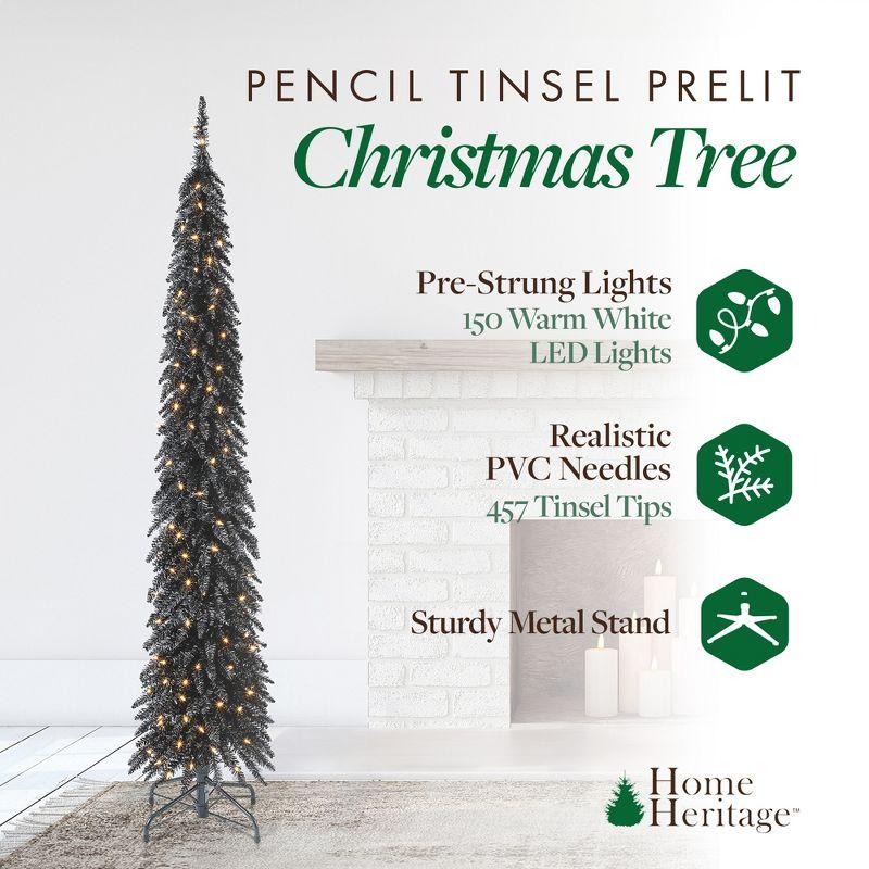 Polygroup Trading Ltd Home Heritage 7 Foot Pencil Slim Artificial Prelit Christmas Tinsel Tree, Black