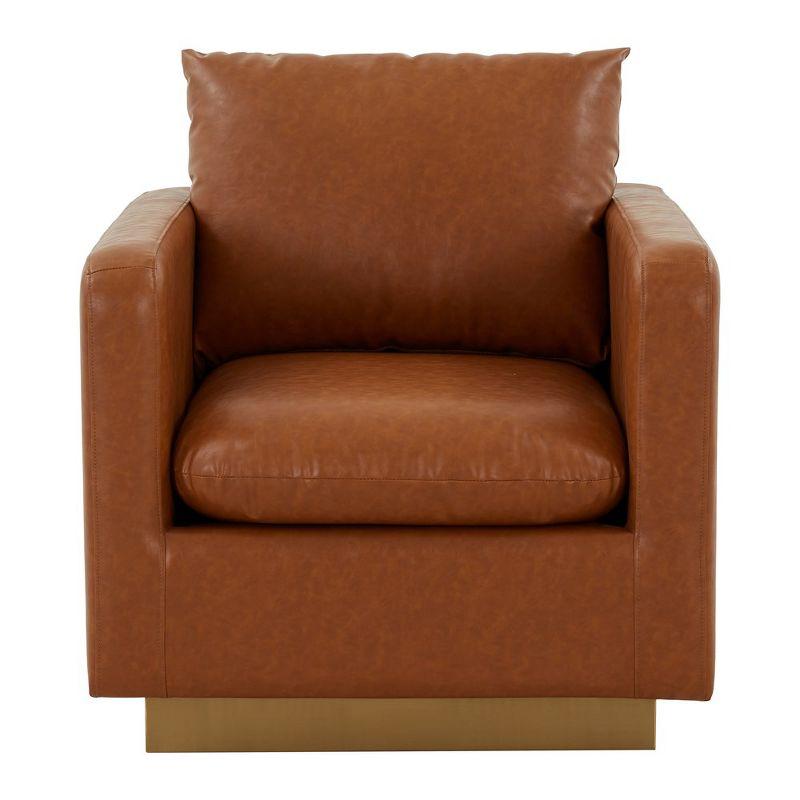 LeisureMod Nervo Accent Arm Chair Upholstered in Faux Leather with Gold Stainless Steel Frame in Cognac Tan