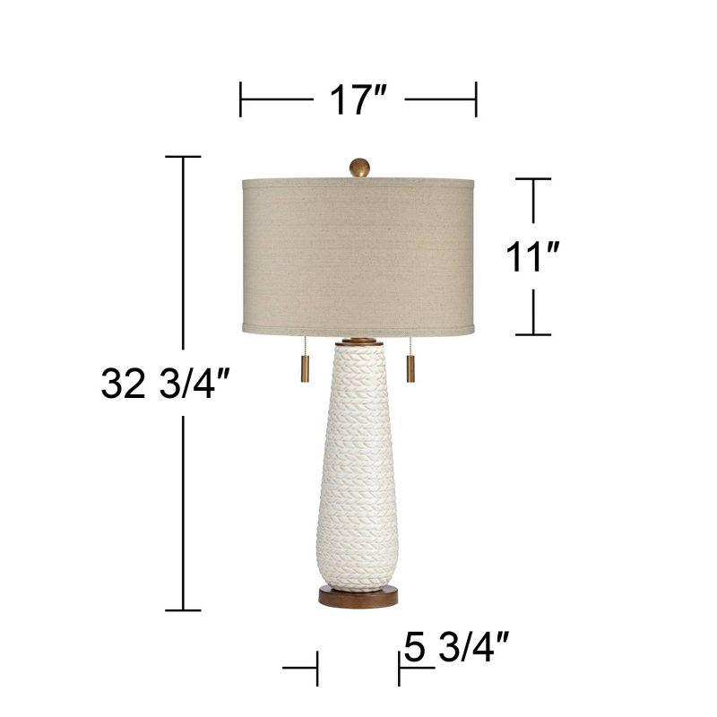 Possini Euro Design Kingston Modern Mid Century Table Lamp 32 3/4" Tall White Grooved Patterned Ceramic Taupe Drum Shade for Bedroom Living Room House