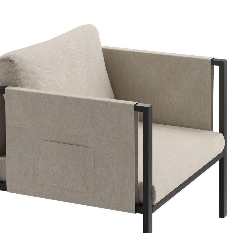 Flash Furniture Lea Indoor/Outdoor Patio Chair with Cushions - Modern Steel Framed Chair with Storage Pockets, Black with Beige Cushions