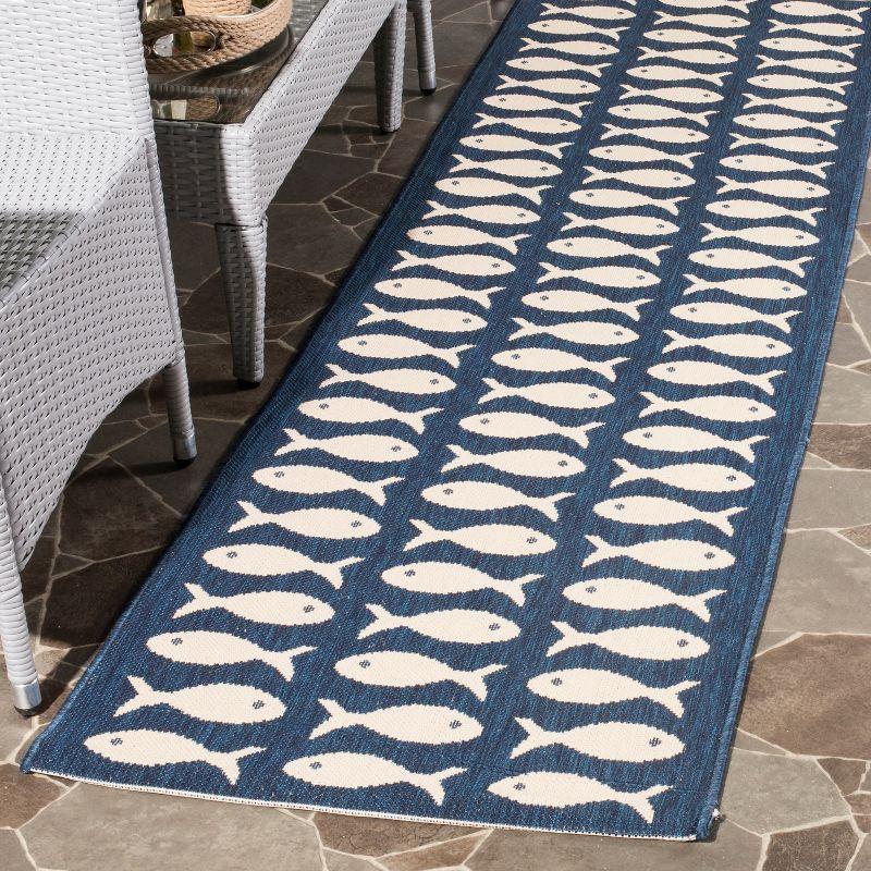 Navy and Beige Fish Pattern Indoor/Outdoor Runner Rug