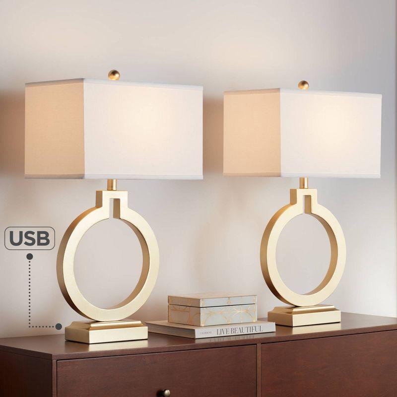 360 Lighting Modern Table Lamps 28 1/2" Tall Set of 2 with USB Charging Port Brushed Gold Open Ring White Shade for Bedroom Living Room House Bedside