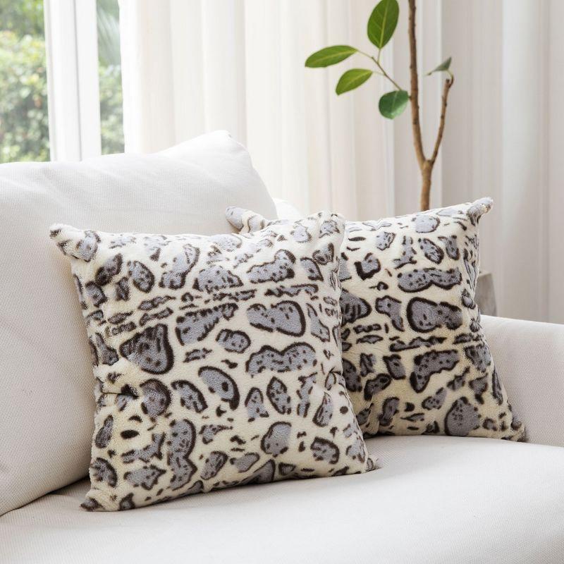 Set of 2 Gray Faux Fur Leopard Print Throw Pillows