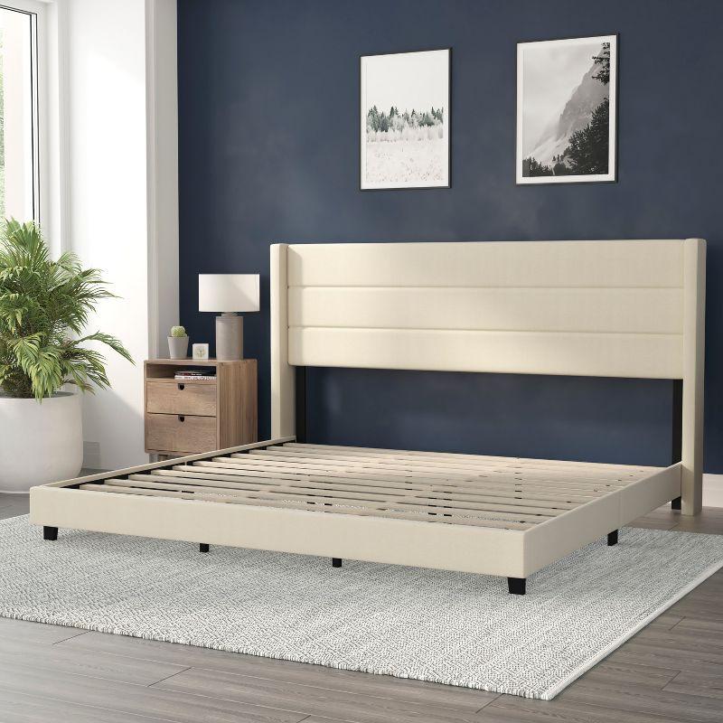 Flash Furniture King Size Upholstered Platform Bed with Wingback Headboard-Beige Faux Linen