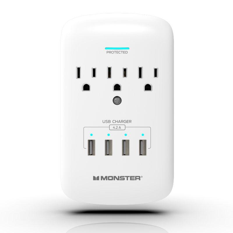 White 3-Outlet Wall Tap Surge Protector with 4 USB Ports