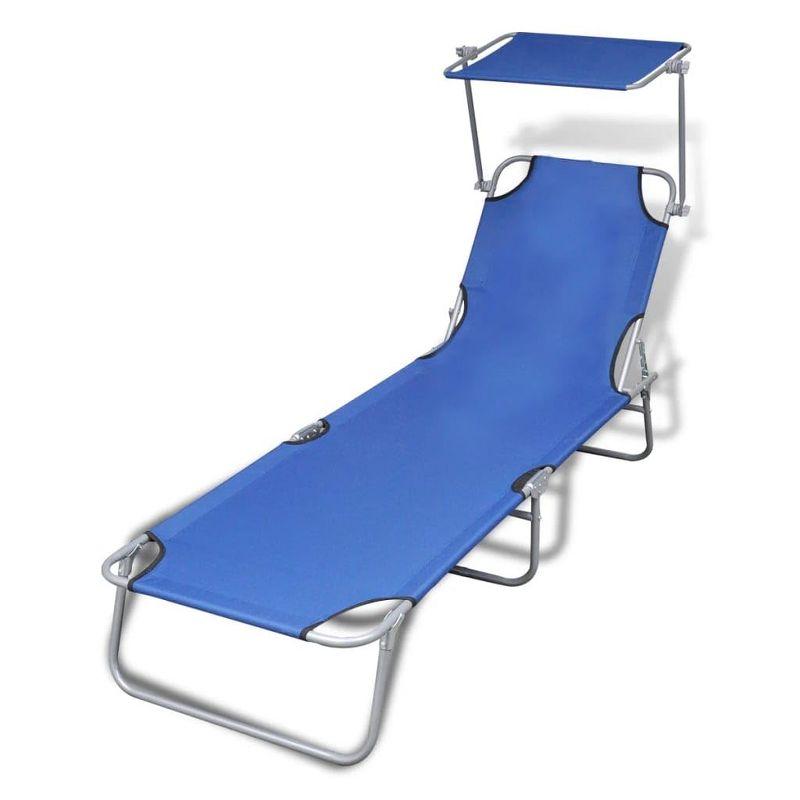 Blue Folding Sun Lounger with Adjustable Canopy and Steel Frame