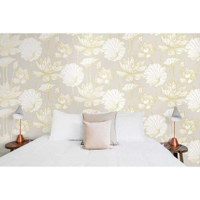 NextWall Lotus Floral Peel and Stick Wallpaper Light Gray: Adhesive Vinyl, Botanical Pattern, Contemporary Style, 30.75 Sq Ft Coverage