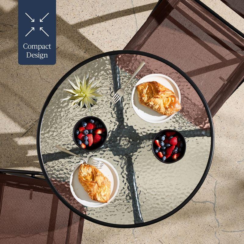 George Oliver 3-Piece Patio Bistro Dining Furniture Set W/ Glass Tabletop, Folding Chairs