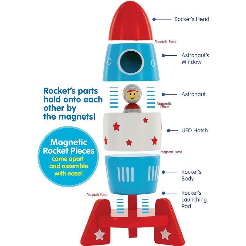 Svan Wooden Stacker Toy Space Rocket- 6 Magnetic Stacking Pieces-Building Set with Surprise Astronaut Inside, Hands On Game for Kids, Interactive Play