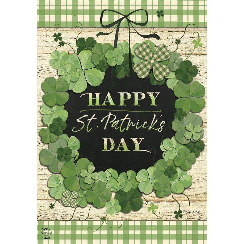 Green Plaid St. Patrick's Day Garden Flag with Clover Wreath