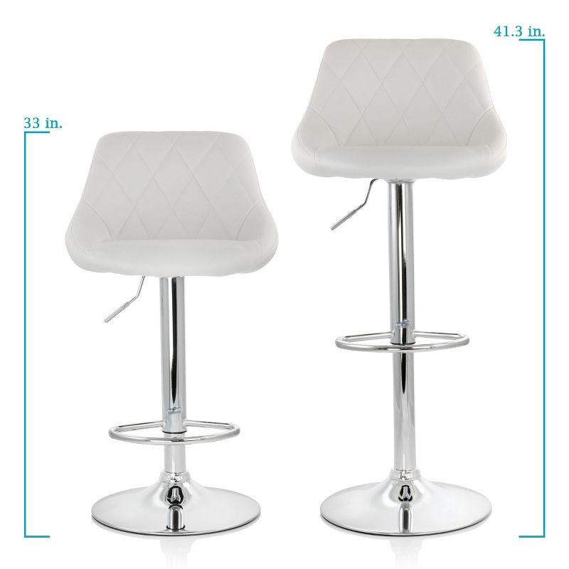 Elama 2 Piece Diamond Stitched Faux Leather Bar Stool in White with Chrome Base  and Adjustable Height