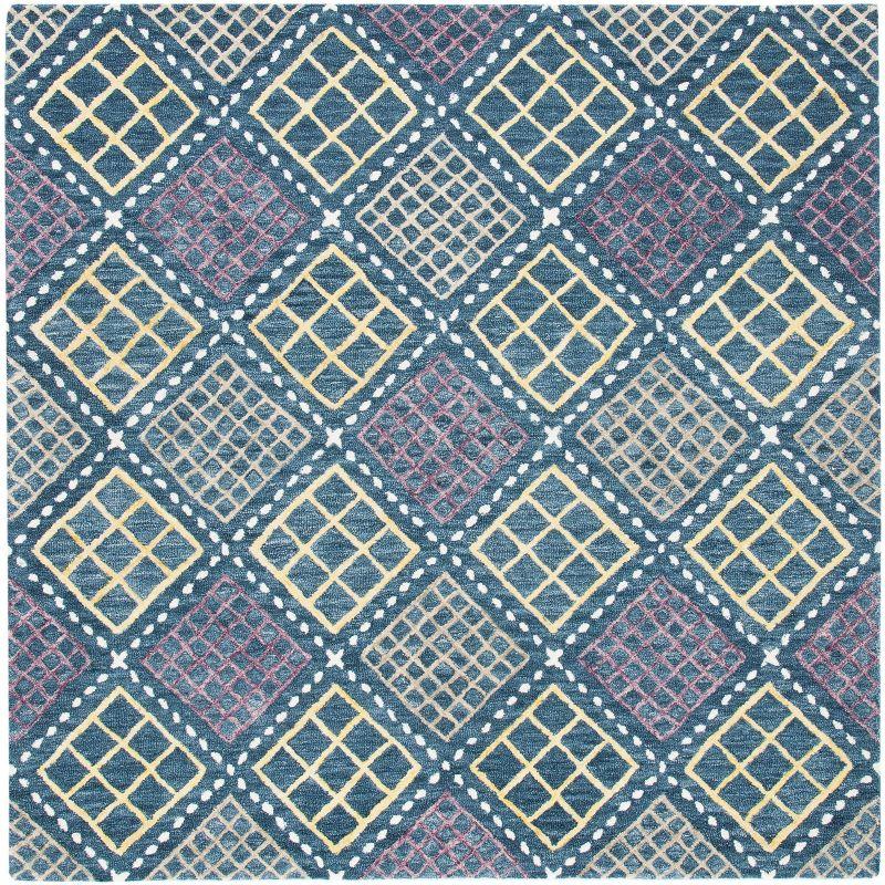 Blue and Yellow Hand-Tufted Wool Square Rug