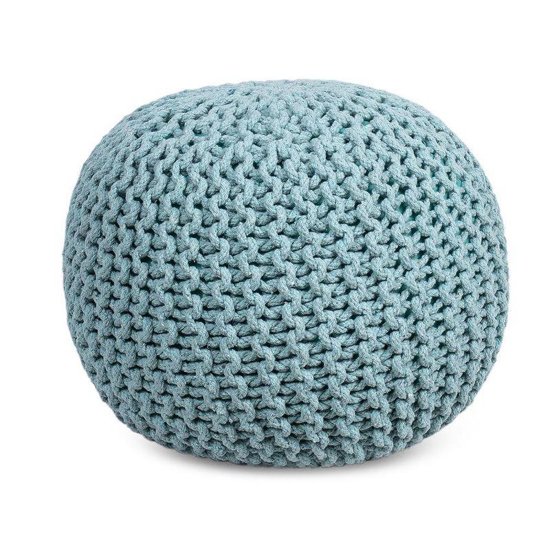 Sage Green Hand-Knitted Cotton Round Pouf Ottoman