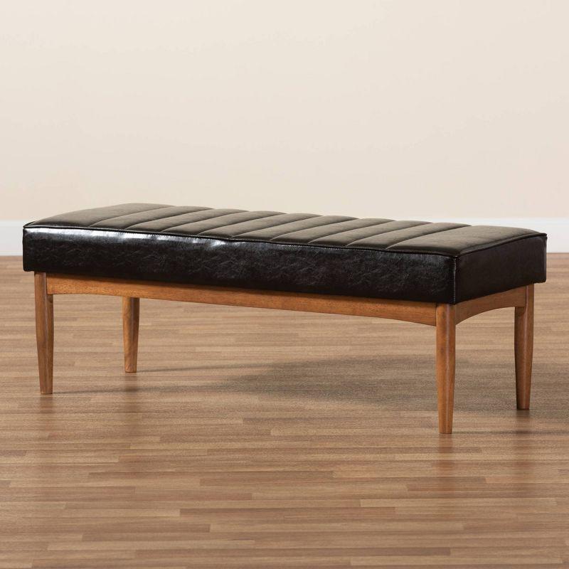 Daymond Wood Dining Ottoman Dark Brown/Walnut Brown - Baxton Studio: Mid-Century Tufted, Faux Leather