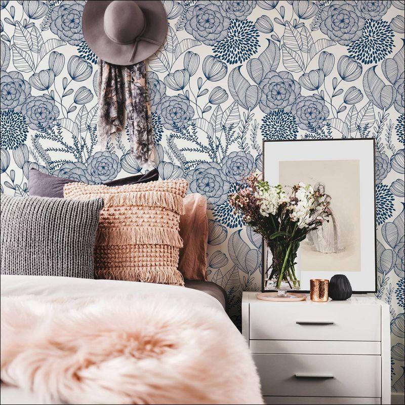 Navy Floral Garden Peel and Stick Wallpaper, Self-Adhesive Vinyl