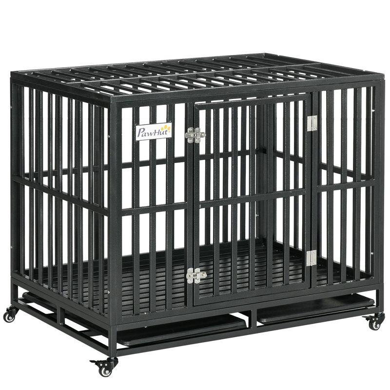 PawHut 41" Heavy Duty Dog Crate Metal Kennel and Cage Dog Playpen with Lockable Wheels, Slide-out Tray and Anti-Pinching Floor