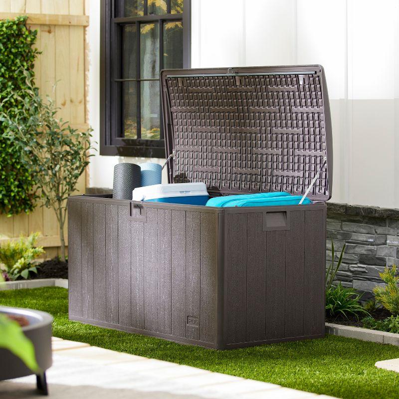 Plastic Development Group 105-Gallon Weather-Resistant Plastic Resin Outdoor Patio Storage Deck Box with Soft-Close Lid, Java Brown