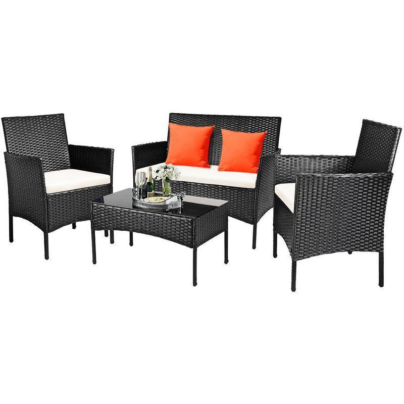Costway 4PCS Patio Rattan Furniture Set Cushioned Sofa Coffee Table Backyard Porch White