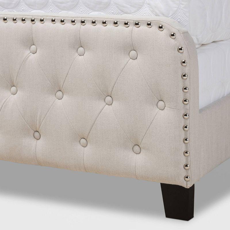 Beige Queen Upholstered Tufted Bed with Nailhead Trim