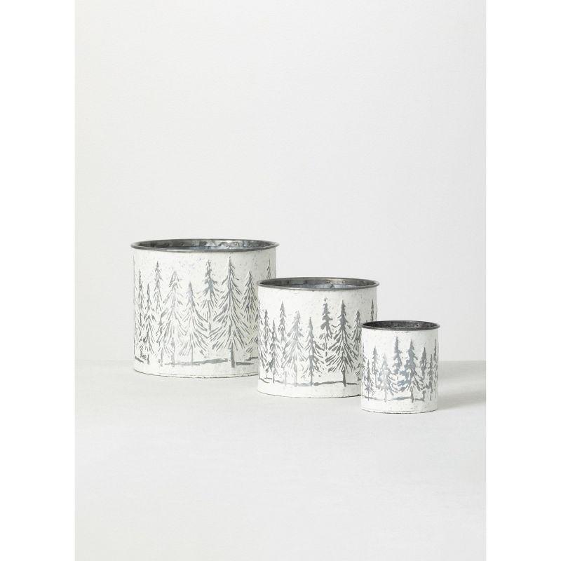 Sullivans Weathered Metal Tree Planters Set of 3, 7"H, 5.75"H & 4.25"H White