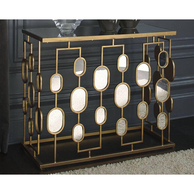 Everly Quinn Mirrored Glass Top Console Table Gold Finish