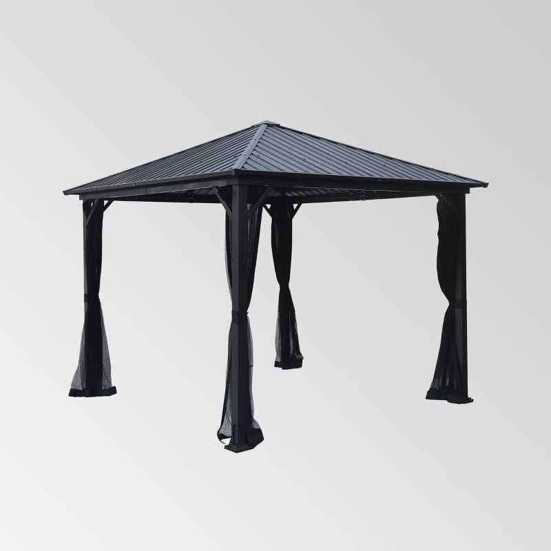 Pablo 10' x 10' Aluminum Hardtop Gazebo - Black: Weather-Resistant with Mosquito Netting