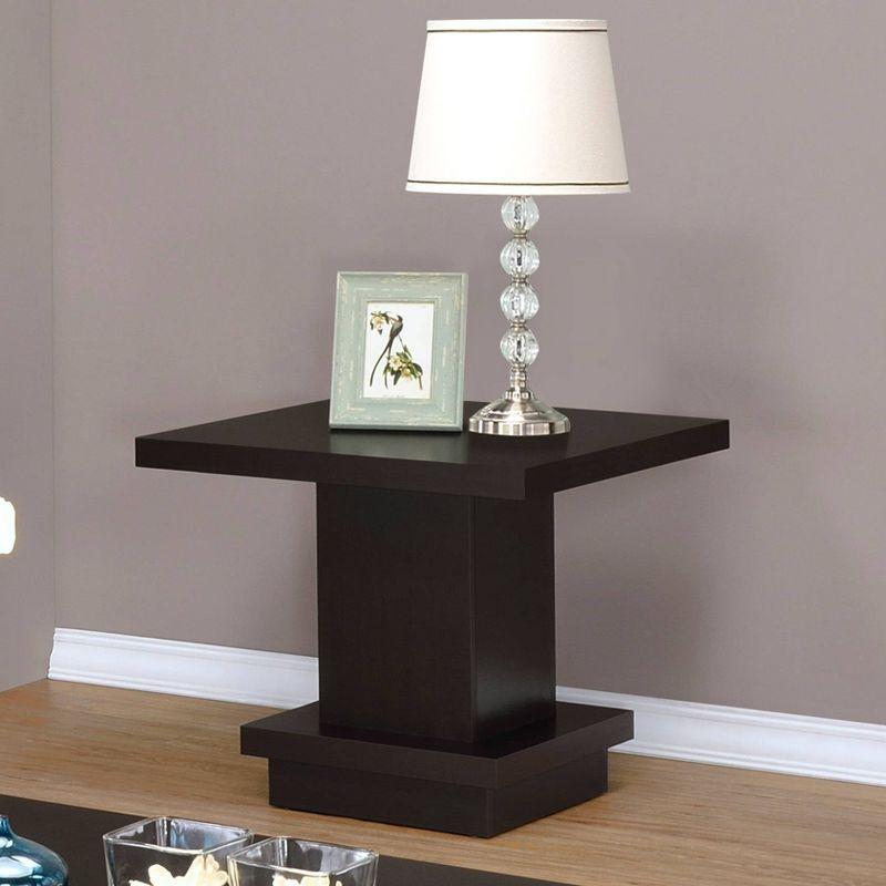 Transitional Cappuccino Square Wood End Table with Pedestal Base