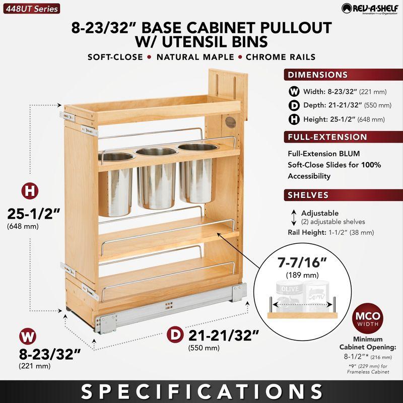 Rev-A-Shelf 8" Pull Out Storage Organizer for Base Kitchen Cabinets w/ Soft-Close, Sliding Shelves for Utilities, Utensils or Spices, 448UT-BCSC-8C
