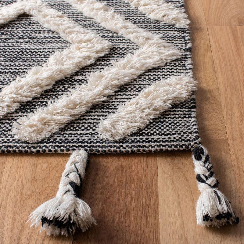 Ivory and Black Hand-Knotted Tribal Wool Square Area Rug, 4' x 6'