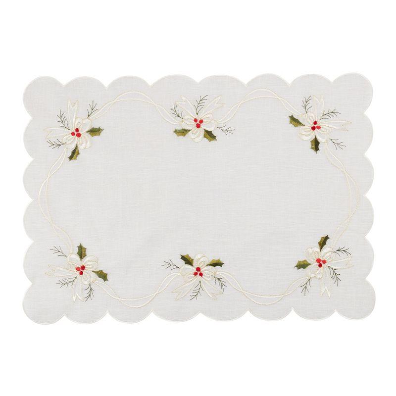 White Embroidered Holly and Ribbon Fabric Placemats Set of 4